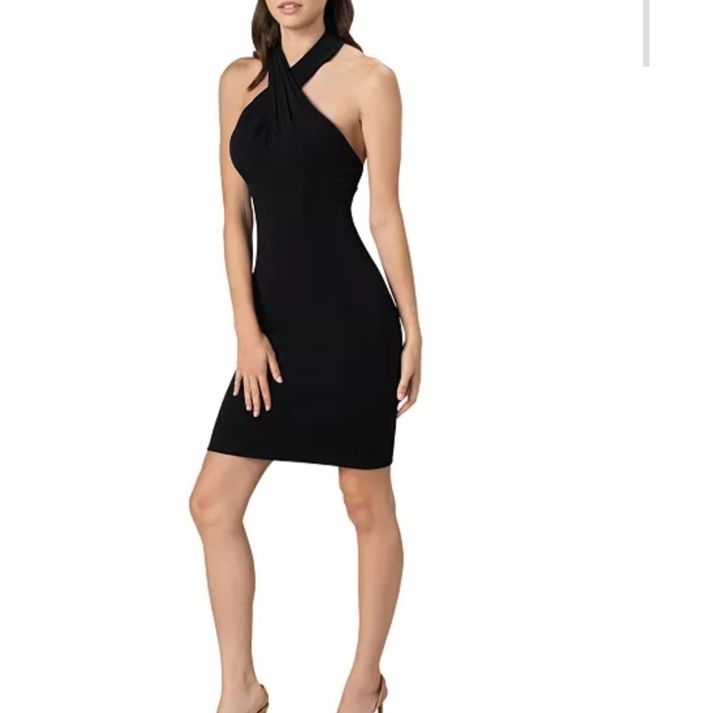 Dress The Population Ryan Cross-Front Halter Bodycon Dress Black Womens Size M